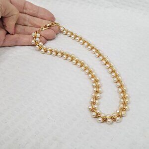 Vintage Signed Napier Double Row 6 mm Faux Pearls and Gold Tone Choker Necklace